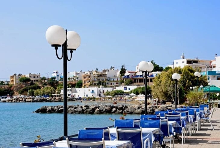 Makrigialos beach town cafe tables