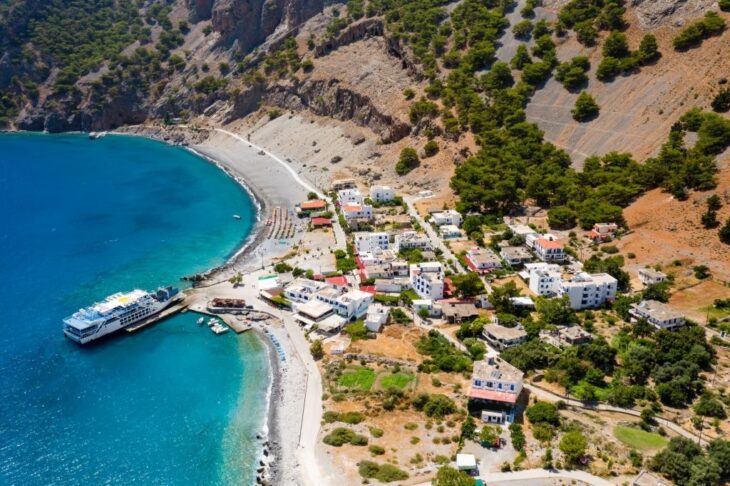 Aerial View of Agia Roumeli Village at the exit of Samaria gorge