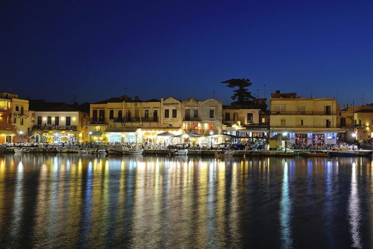 Old Venetian harbour in the evening in city of Rethymno, Crete, Greece